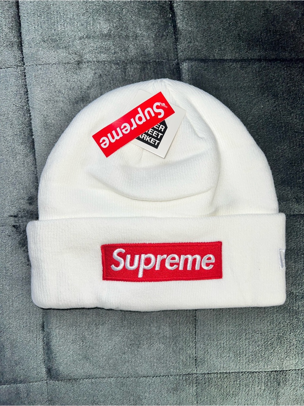 Supreme White Beanie with Red Box Logo - Kids